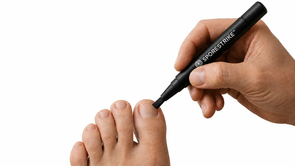 Sporestrike brush-tip pen applying black nail serum to a clean big toenail, bristles on the nail plate only