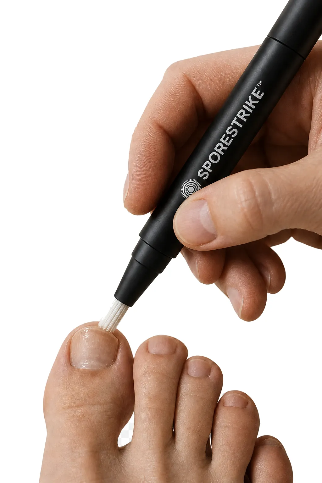 The pen brushing serum onto a clean toenail