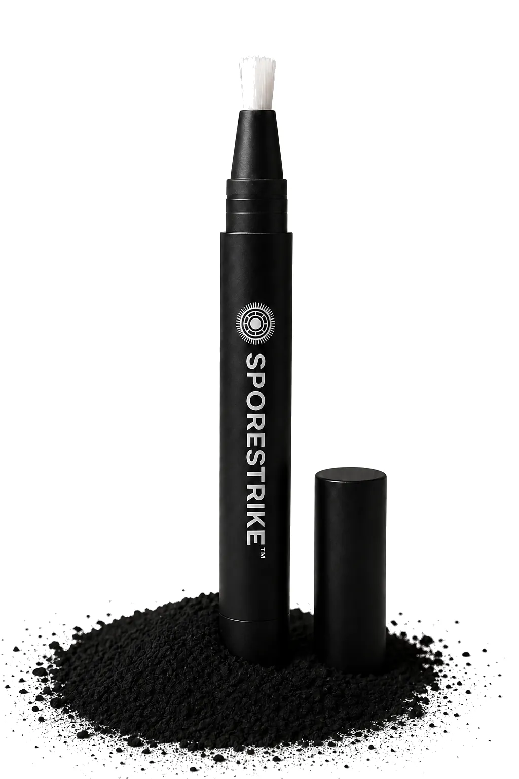 Sporestrike pen standing in a mound of coconut-shell activated charcoal